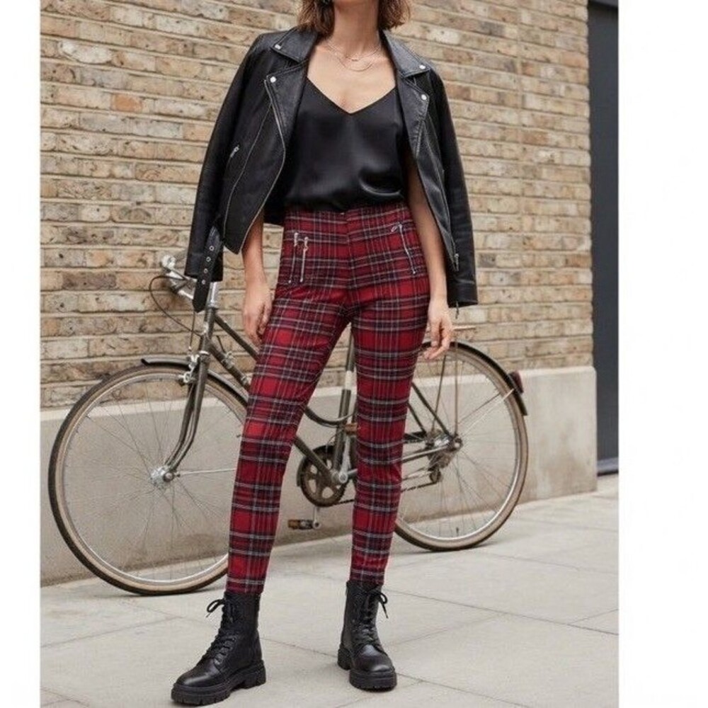 Zara Red Plaid Tartan Zipped Moto Skinny Pants Leggings Size M Grunge Punk Goth